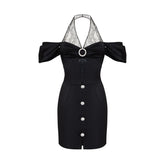 Neckholder-Minikleid mit kurzen Ärmeln und Spitze